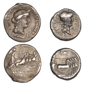 Roman Republican Coinage, Denarii (2), L. Sulla and L. Manlius Torquatus, c. 82, helmeted head of Roma right, pro q...