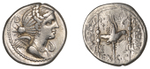 Roman Republican Coinage, C. Valerius Flaccus, Denarius, c. 82, draped and winged bust of Victory right, wearing...