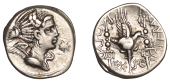 Roman Republican Coinage, C. Valerius Flaccus, Denarius, c. 82, draped and winged bust of Victory right, wearing...
