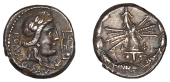 Roman Republican Coinage, Q. Fabius Maximus (restored under Sulla), Denarius, c. 82-80, laureate head of Apollo...