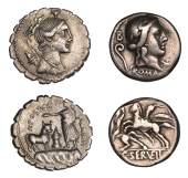 Roman Republican Coinage, Denarii (2), C. Servilius Vatia, restored issue, c. 82-80, head of Roma right, lituus and...