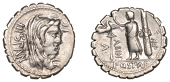 Roman Republican Coinage, A. Postumius A.f. Sp.n. Albinus, serrate Denarius, c. 81, veiled head of Hispania right,...