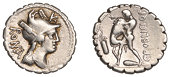 Roman Republican Coinage, C. Poblicius Q.f., serrate Denarius, c. 80, helmeted and draped bust of Roma right, roma...