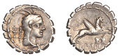 Roman Republican Coinage, L. Papius, serrate Denarius, c. 79, head of Juno Sospita right wearing goatskin headdress,...