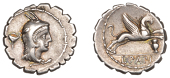 Roman Republican Coinage, L. Papius, serrate Denarius, c. 79, head of Juno Sospita right wearing goatskin headdress,...