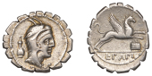Roman Republican Coinage, L. Papius, serrate Denarius, c. 79, head of Juno Sospita right wearing goatskin headdress,...