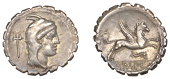 Roman Republican Coinage, L. Papius, serrate Denarius, c. 79, head of Juno Sospita right wearing goatskin headdress,...