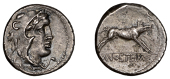 Roman Republican Coinage, M. Volteius M.f., Denarius, c. 78, head of young Hercules right, wearing lion-skin...
