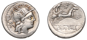 Roman Republican Coinage, L. Rutilius Flaccus, Denarius, c. 77, head of Roma right, wearing winged helmet, flac...
