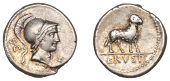 Roman Republican Coinage, L. Rustius, Denarius, c. 76, helmeted head of young Mars right, s c behind, x below chin,...