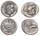 Roman Republican Coinage, L. Lucretius Trio, Denarii (2), c. 76, radiate head of Sol right, rev. crescent moon...