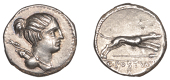 Roman Republican Coinage, C. Postumius, Denarius, c. 74, draped bust of Diana right, bow and quiver over shoulder,...