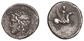 Roman Republican Coinage, L. Cossutius C.f. Sabula, Denarius, c. 74, winged head of Medusa left, serpents in her...