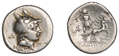Roman Republican Coinage, Lucius Axius L.f. Naso, Denarius, c. 70, helmeted head of young beardless Mars right, naso...