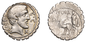 Roman Republican Coinage, T. Vettius Sabinus, serrate Denarius, c. 70, bareheaded and bearded head of King Tatius...
