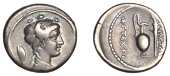 Roman Republican Coinage, M. Plaetorius M.f. Cestianus, Denarius, c. 69, draped female bust (Ceres?) right, shield...