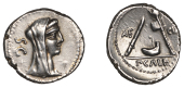 Roman Republican Coinage, P. Sulpicius Galba, Denarius, c. 69, veiled and draped bust of Vesta right s c behind,...