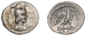 Roman Republican Coinage, M. Plaetorius M.f. Cestianus, Denarius, c. 67, helmeted, draped and winged bust of Vacuna...
