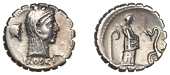 Roman Republican Coinage, L. Roscius Fabatus, Denarius, c. 64, head of Juno Sospita right, wearing goat-skin...
