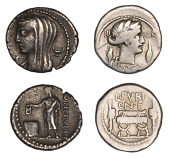 Roman Republican Coinage, Denarii (2), L. Cassius Longinus, c. 63, draped bust of Vesta left, kalyx behind, c below...