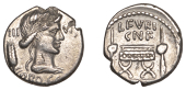 Roman Republican Coinage, L. Furius Cn. f. Brocchus, Denarius, c. 63, head of Ceres right between wheat ear [and...