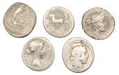 Roman Republican Coinage, Denarii (5), M. Nonius Sufanus, c. 59, 3.75g; M. Aemilius Scaurus, c. 58, 3.40g; Faustus...