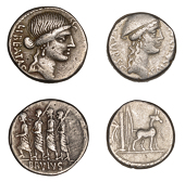 Roman Republican Coinage, Denarii (2), Cn. Plancius, c. 55, draped head of Macedonia right wearing kausia, cn...