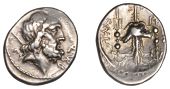 Roman Republican Coinage, Cn. Nerius, Denarius, 49, head of Saturn right, harpa behind, [neri] q vrb before, rev....