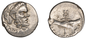 Roman Republican Coinage, C. Pansa and Albinus Bruti f., Denarius, c. 48, mask of bearded Pan right, pansa below,...
