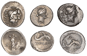 Roman Republican Coinage, Mn. Cordius Rufus, Denarii (3), 46, conjoined heads of the Dioscuri right, wearing pilei...