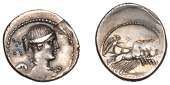 Roman Republican Coinage, T. Carisius, Denarius, 46, draped and winged bust of Victory right, s c behind, rev....