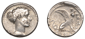 Roman Republican Coinage, T. Carisius, Denarius, 46, head of Sibyl Herophile right, rev. Sphinx seated right, t...