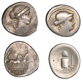 Roman Republican Coinage, T. Carisius, Denarii (2), 46, head of Juno Moneta right, mon[eta] behind, rev. implements...