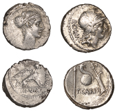 Roman Republican Coinage, T. Carisius, Denarii (2), 46, helmeted bust of Roma right, roma behind, rev. sceptre,...