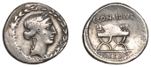Roman Republican Coinage, C. Considius Paetus, Denarius, 46, laureate head of Apollo right within laurel wreath,...