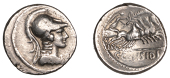 Roman Republican Coinage, C. Considius Paetus, Denarius, 46, bust of Minerva right wearing Corinthian helmet, rev....