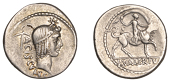 Roman Republican Coinage, L. Valerius Acisculus, Denarius, 45, diademed head of Apollo Soranus right, surmounted by...