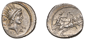 Roman Republican Coinage, L. Valerius Acisculus, Denarius, 45, radiate head of Sol or Apollo, pick-axe behind,...