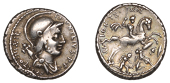 Roman Republican Coinage, P. Fonteius Capito, Denarius, c. 55, helmeted and draped bust of Mars right, trophy over...