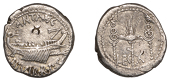 Roman Imperatorial Coinage, Mark Antony, Denarius, 32-31, praetorian galley right, ant avg iii vir  r p c, rev....
