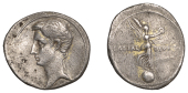 Roman Imperatorial Coinage, Octavian, Denarius, 31-30, bust left, rev. Victory standing right on globe, caesar divi...