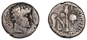 Roman Imperatorial Coinage, C. Domitius Calvinus, Denarius, 39, bearded head of Hercules right, osca behind, rev....