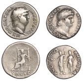 Roman Imperial Coinage, Nero, Denarii (2), c. 64-5, laureate head right, rev. Nero, radiate and togate, standing...