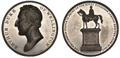 Erection of the Wellington Equestrian Statue, 1844, a white metal medal by J. Davis, bare head left, rev. equestrian...