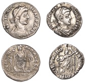 Roman Imperial Coinage, Siliquæ (2), Theodosius I, Trier, 378-83, pearl-diademed, draped and cuirassed bust right,...