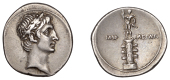 Octavian, Denarius, Rome?, 30-29, laureate head right within wire-line border, rev. statue of Octavian on rostral...