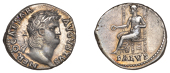 Nero, Denarius, Rome, 66-7, laureate head right with beard, rev. Salus seated left on high-backed throne, holding...