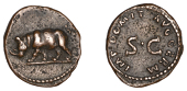 Domitian, Quadrans, Rome, 84-5, rhinoceros walking left, rev. imp comit avg germ, large SC, 2.20g/6h (RIC 250)....