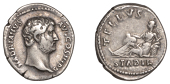 Hadrian, Denarius, 130-38, bare head right, rev. tellvs stabil, Tellus reclining left on basket of fruit, 3.12g/6h...