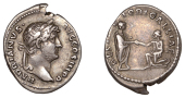 Hadrian, Denarius, 130-3, laureate head right, rev. restitvtori galliae, Hadrian standing right, holding volumen,...